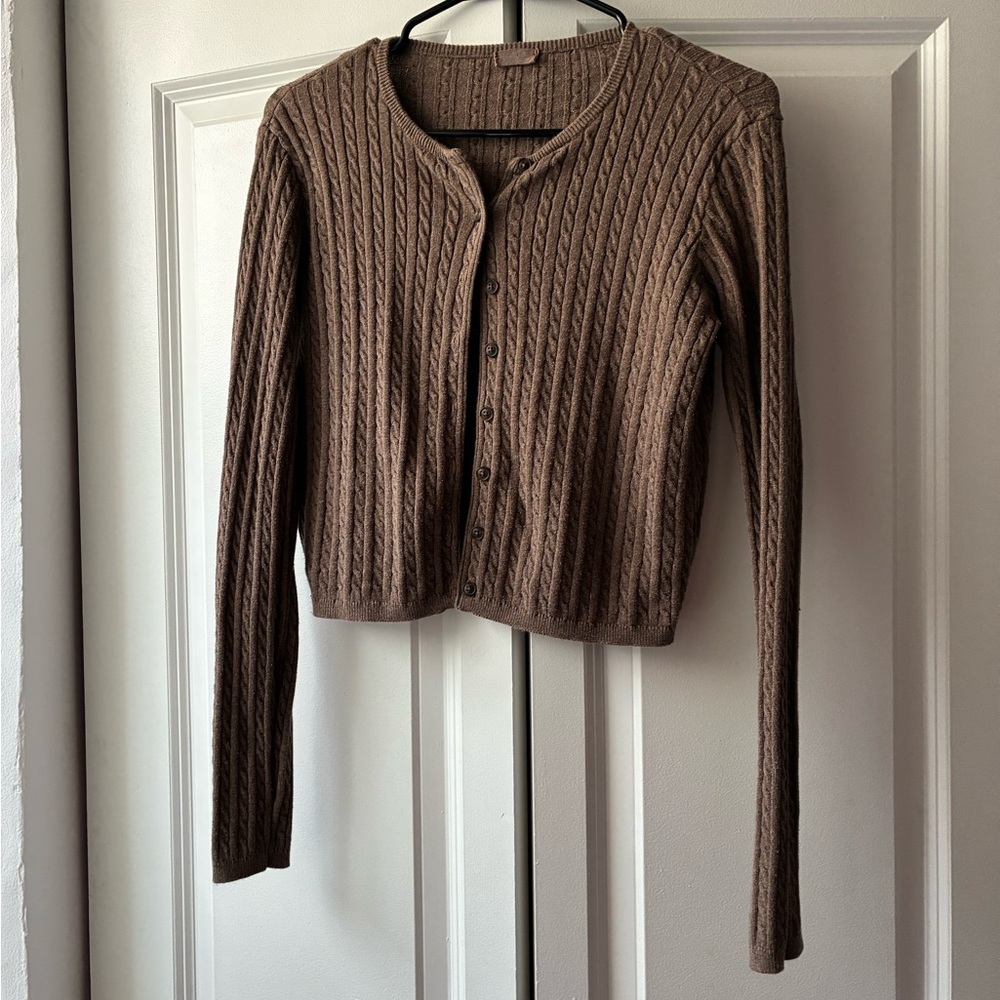 Women's Brown Cable-Knit Button Cardigan Sweater
